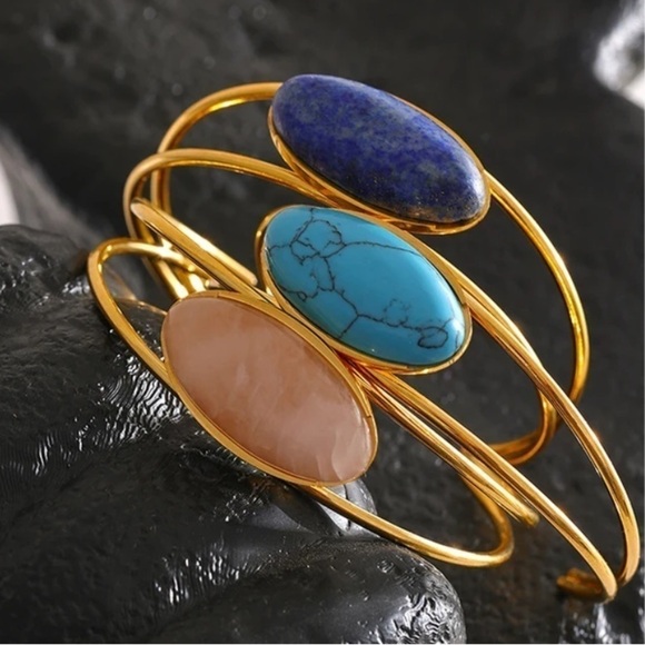 ⭐️ New 18k Gold Plated Turquoise or Lapis Cuff Bracelet - Picture 11 of 12
